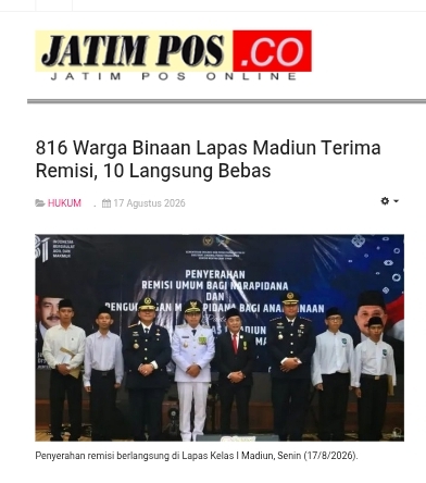 816 Warga Binaan Lapas Madiun Terima Remisi, 10 Langsung Bebas