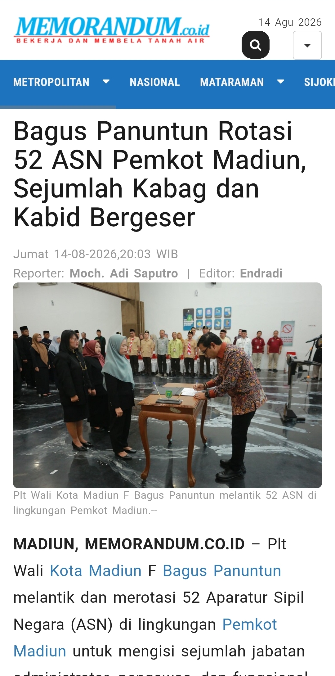 Dokumen Bagus Panuntun Rotasi 52 ASN Pemkot Madiun, Sejumlah Kabag dan Kabid Bergeser