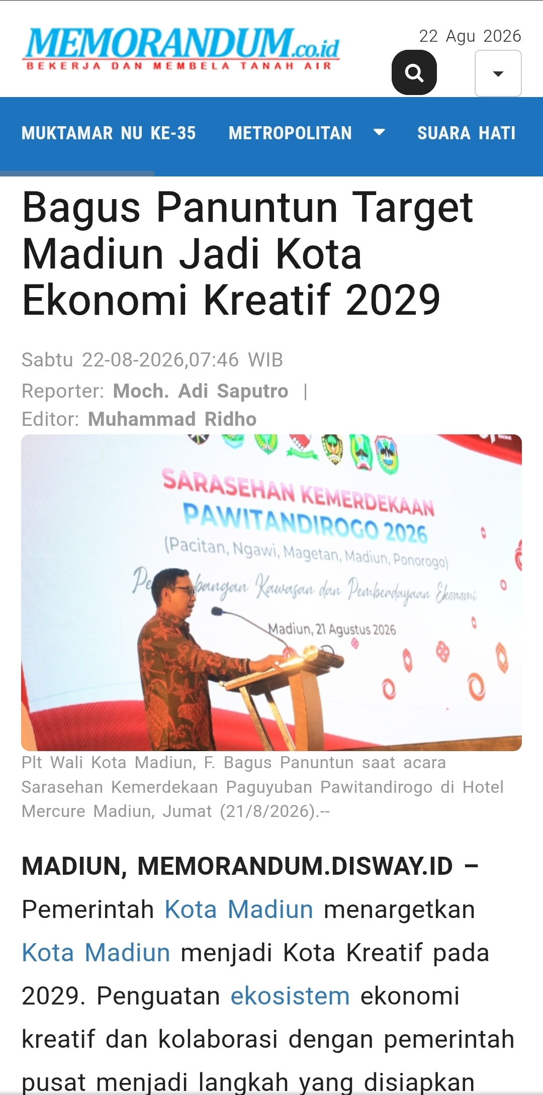 Dokumen Bagus Panuntun Target Madiun Jadi Kota Ekonomi Kreatif 2029