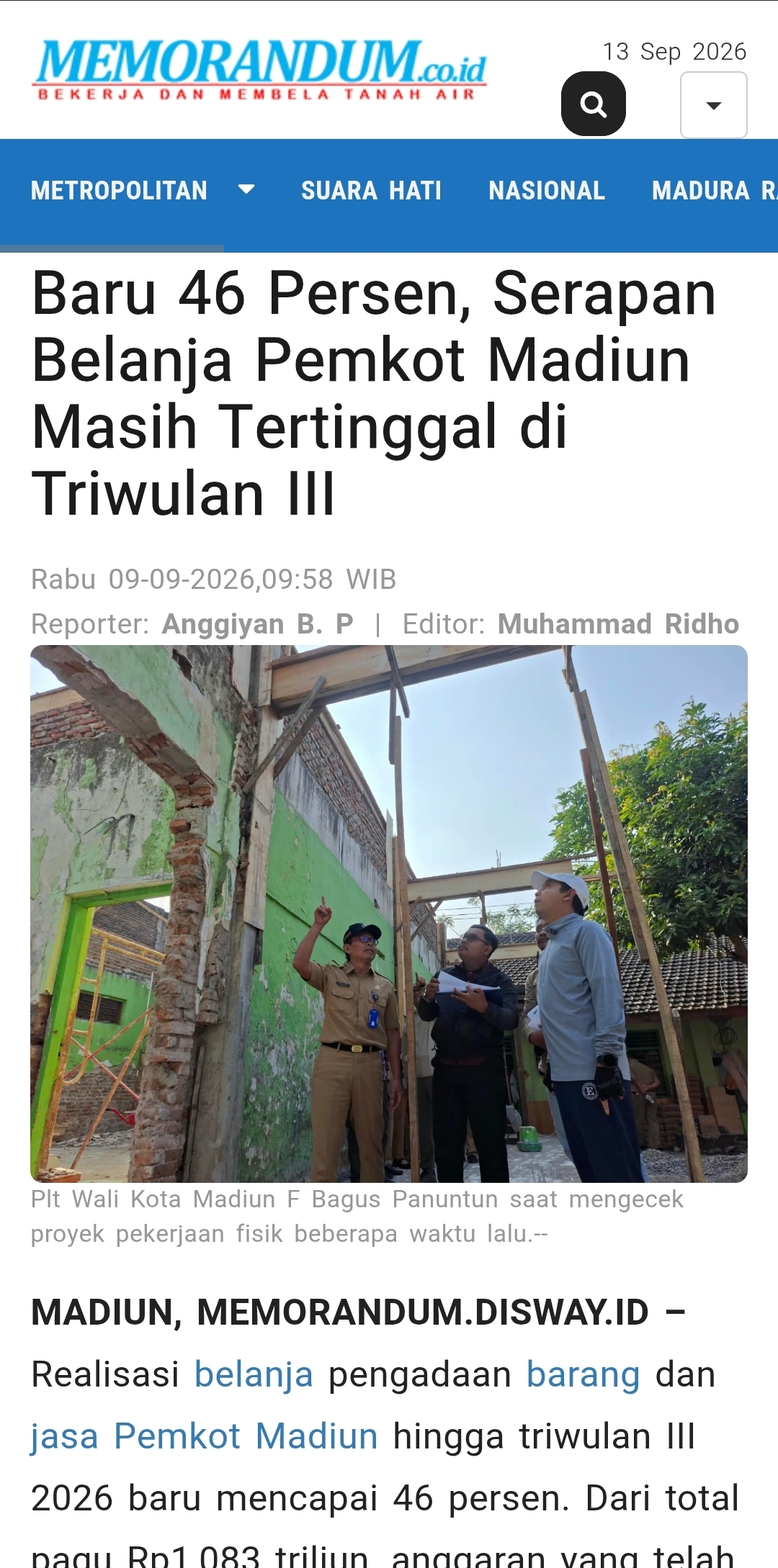 Baru 46 Persen, Serapan Belanja Pemkot Madiun Masih Tertinggal di Triwulan III
