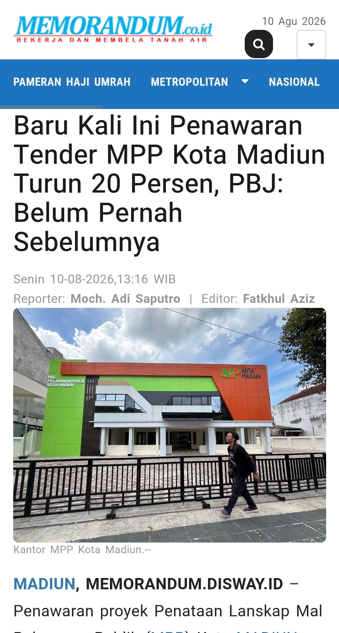 Baru Kali Ini Penawaran Tender MPP Kota Madiun Turun 20 Persen, PBJ: Belum Pernah Sebelumnya