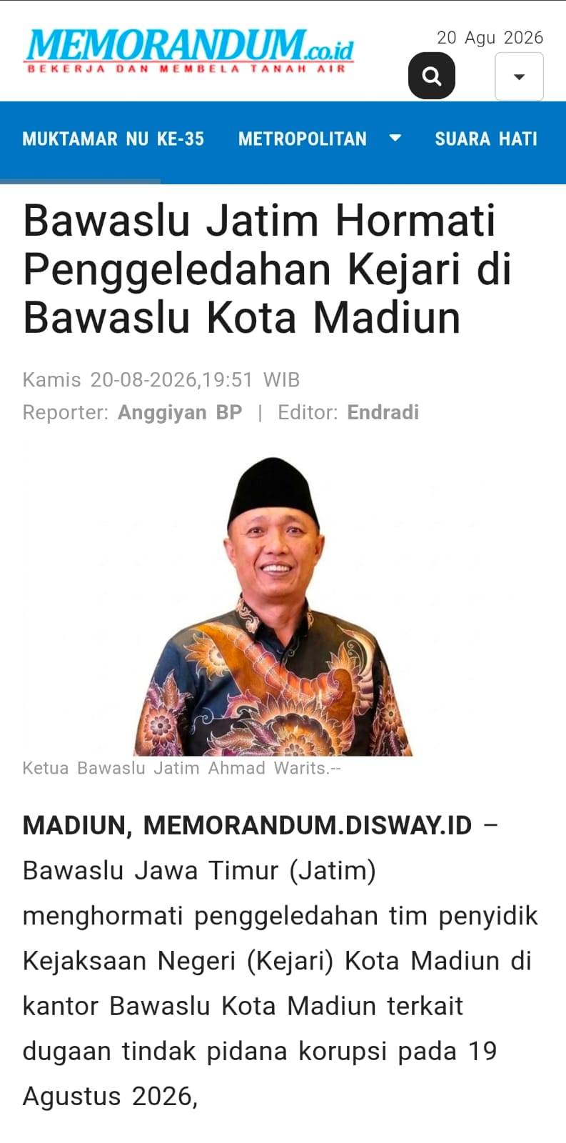 Bawaslu Jatim Hormati Penggeledahan Kejari di Bawaslu Kota Madiun