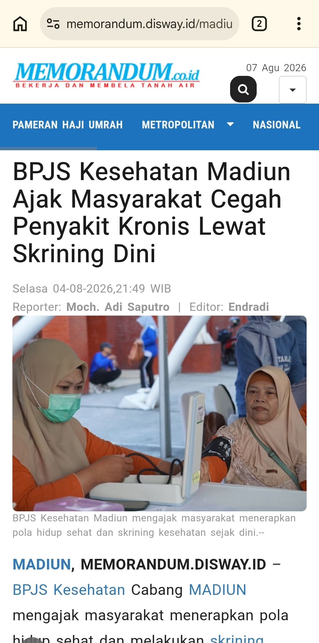 BPJS Kesehatan Madiun Ajak Masyarakat Cegah Penyakit Kronis Lewat Skrining Dini