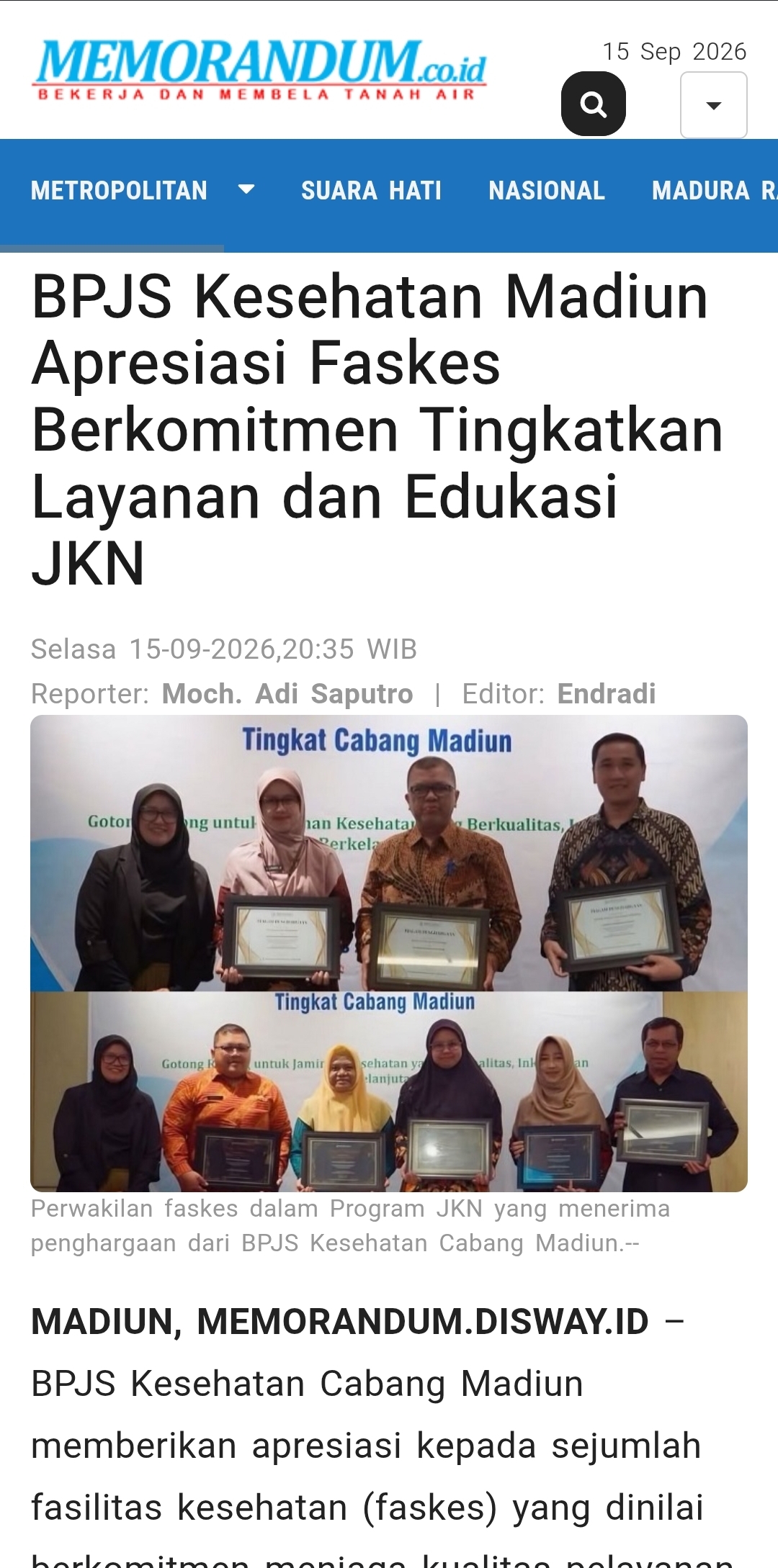 BPJS Kesehatan Madiun Apresiasi Faskes Berkomitmen Tingkatkan Layanan dan Edukasi JKN