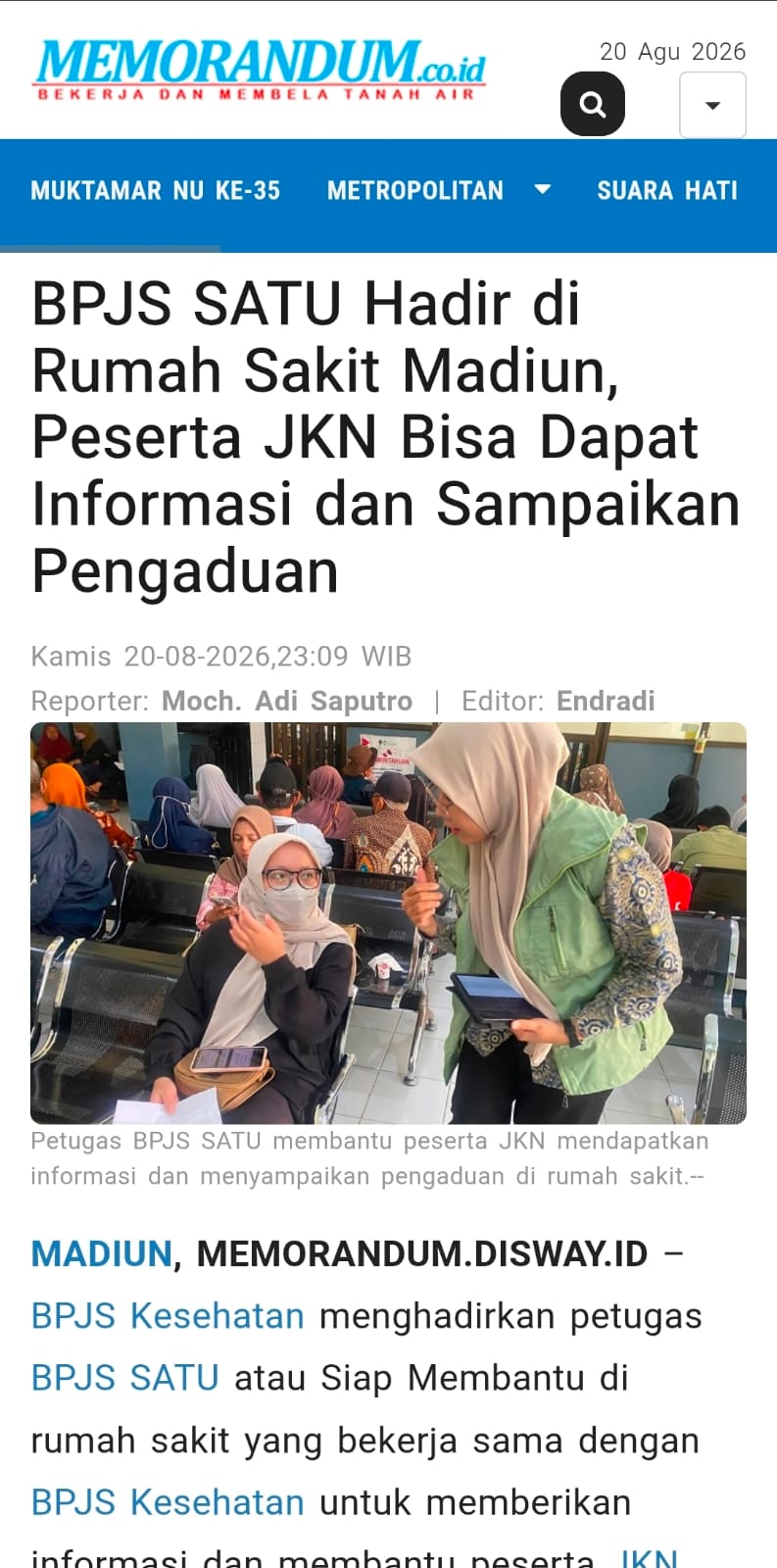 BPJS SATU Hadir di Rumah Sakit Madiun, Peserta JKN Bisa Dapat Informasi dan Sampaikan Pengaduan