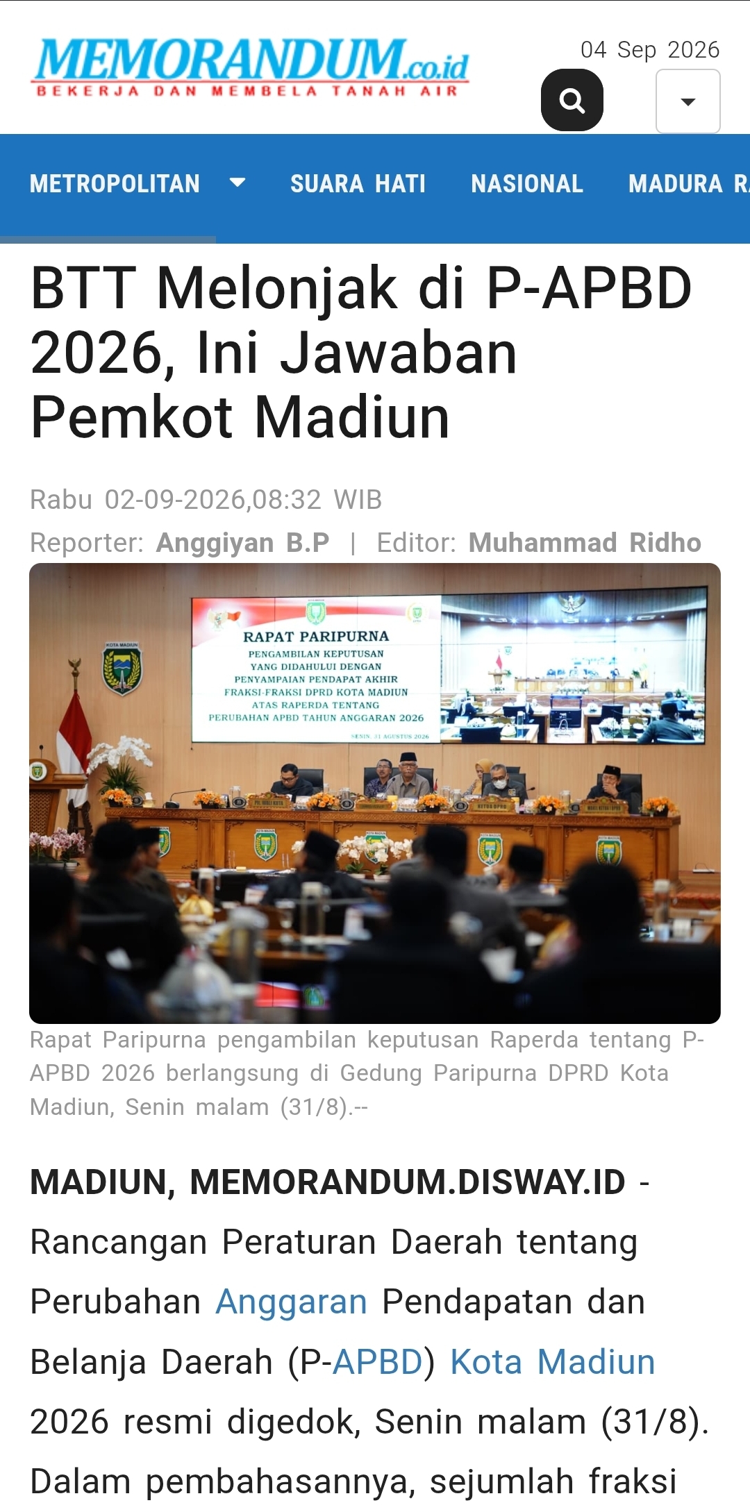 Dokumen BTT Melonjak di P-APBD 2026, Ini Jawaban Pemkot Madiun