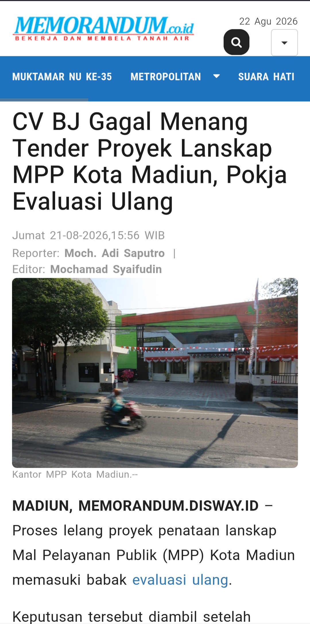Dokumen CV BJ Gagal Menang Tender Proyek Lanskap MPP Kota Madiun, Pokja Evaluasi Ulang