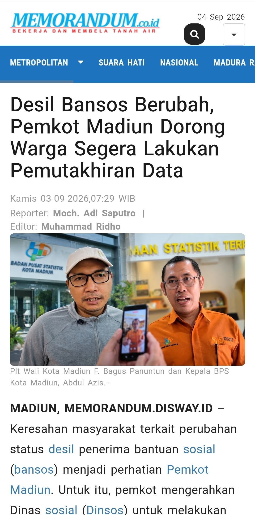Desil Bansos Berubah, Pemkot Madiun Dorong Warga Segera Lakukan Pemutakhiran Data