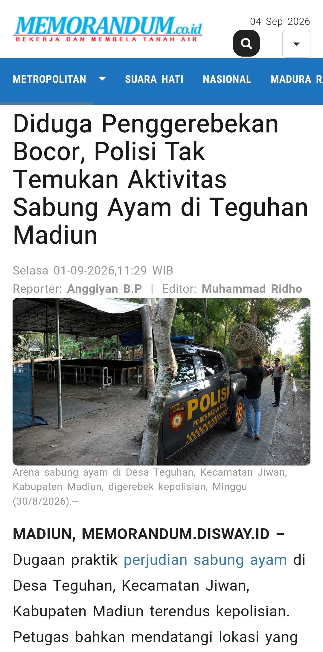 Diduga Penggerebekan Bocor, Polisi Tak Temukan Aktivitas Sabung Ayam di Teguhan Madiun