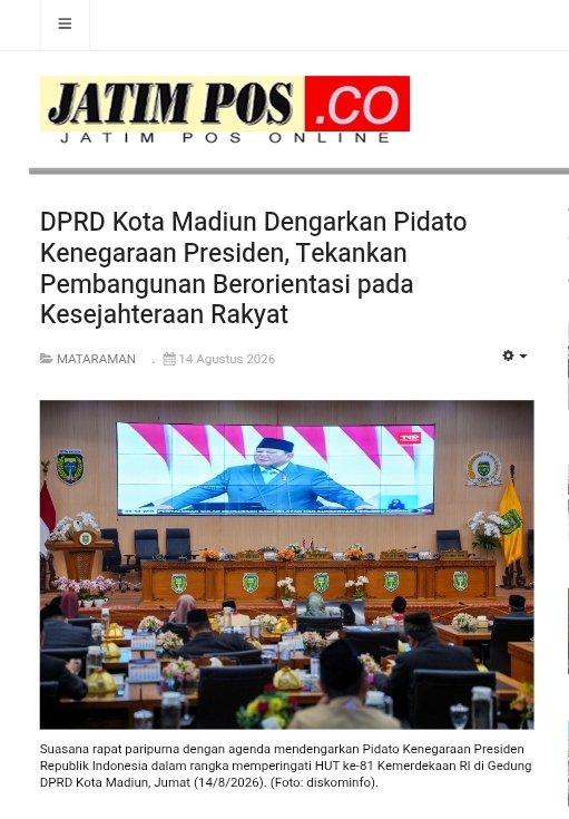 DPRD Kota Madiun Dengarkan Pidato Kenegaraan Presiden, Tekankan Pembangunan Berorientasi pada Kesejahteraan Rakyat