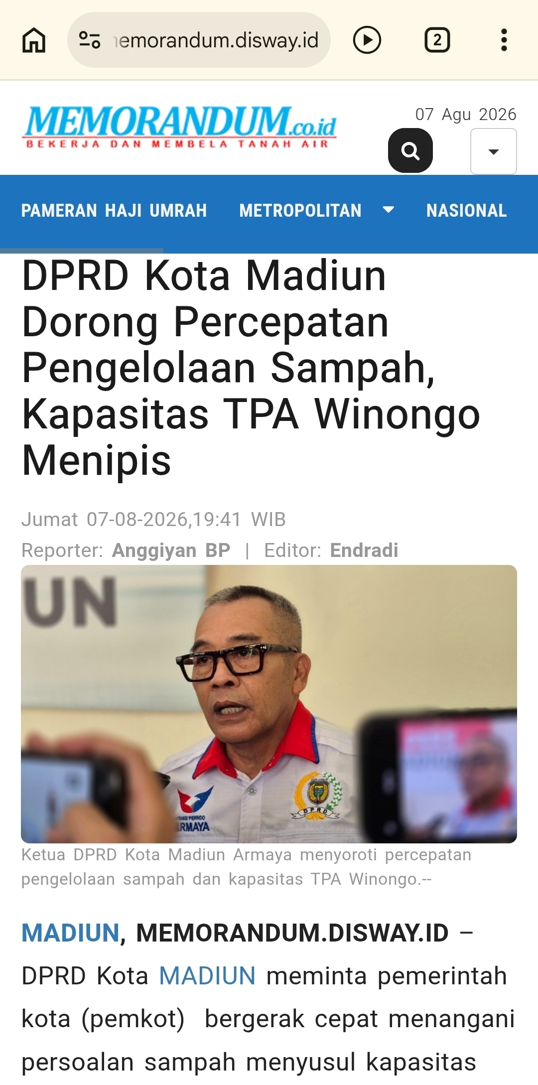 DPRD Kota Madiun Dorong Percepatan Pengelolaan Sampah, Kapasitas TPA Winongo Menipis