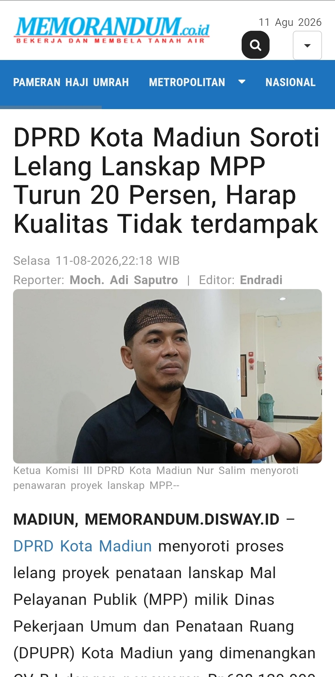 DPRD Kota Madiun Soroti Lelang Lanskap MPP Turun 20 Persen, Harap Kualitas Tidak terdampak