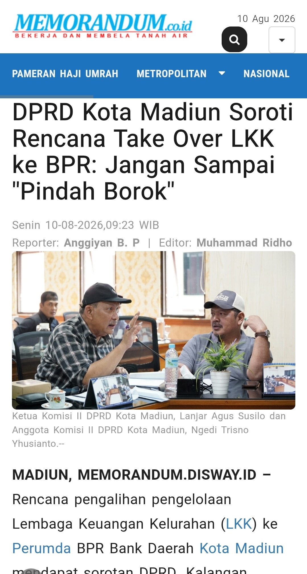 Dokumen DPRD Kota Madiun Soroti Rencana Take Over LKK ke BPR: Jangan Sampai ''Pindah Borok''