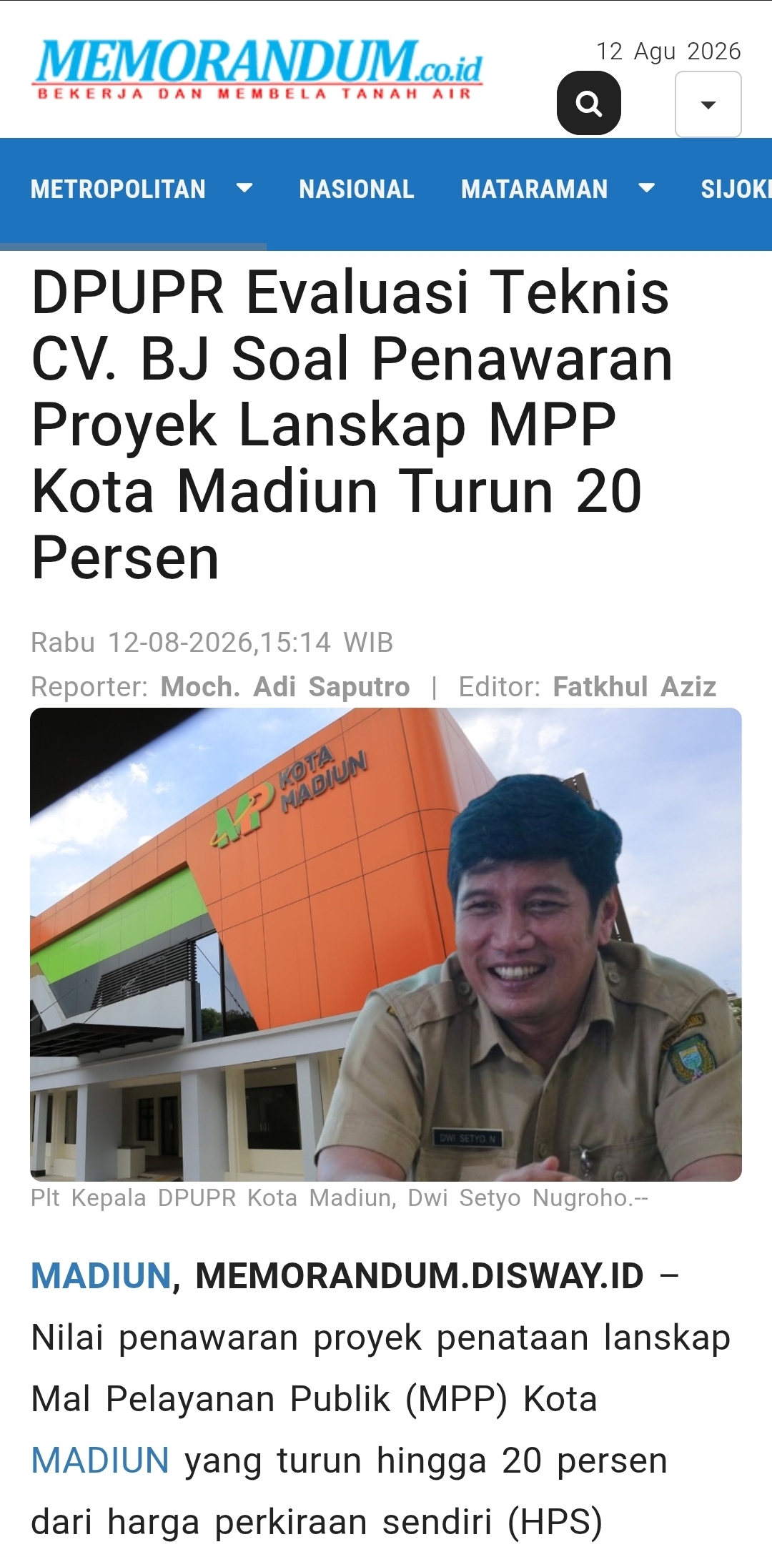 DPUPR Evaluasi Teknis CV. BJ Soal Penawaran Proyek Lanskap MPP Kota Madiun Turun 20 Persen