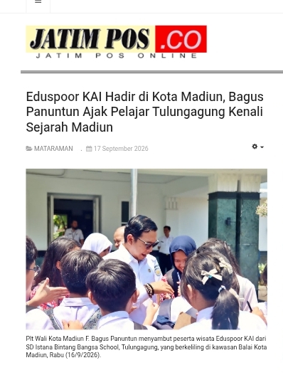 Dokumen Eduspoor KAI Hadir di Kota Madiun, Bagus Panuntun Ajak Pelajar Tulungagung Kenali Sejarah Madiun