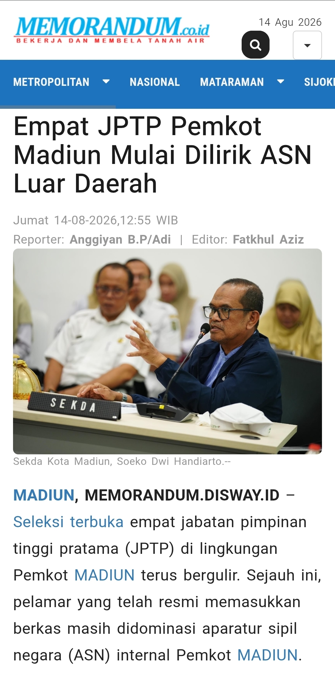 Empat JPTP Pemkot Madiun Mulai Dilirik ASN Luar Daerah