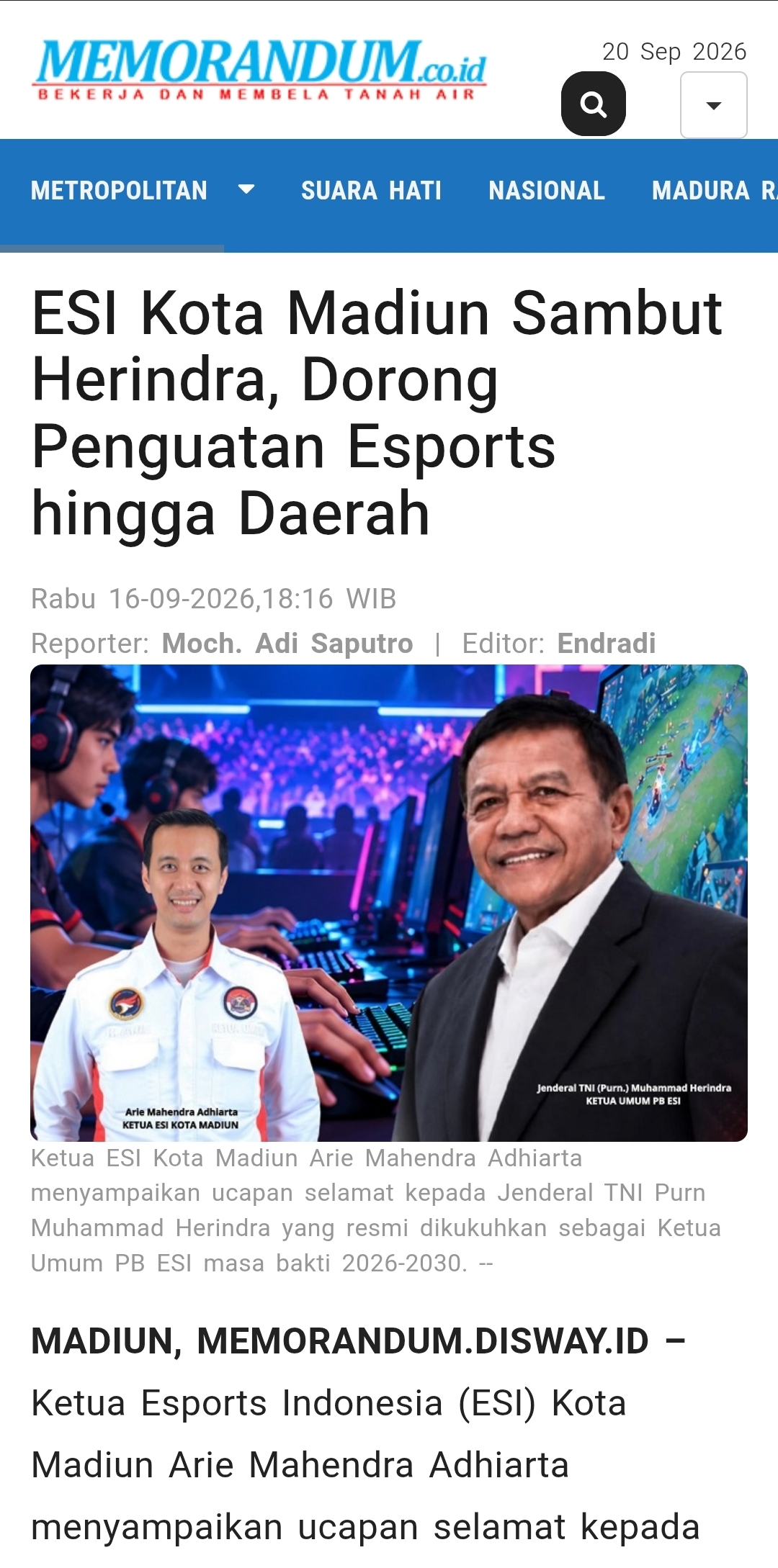 Dokumen ESI Kota Madiun Sambut Herindra, Dorong Penguatan Esports hingga Daerah