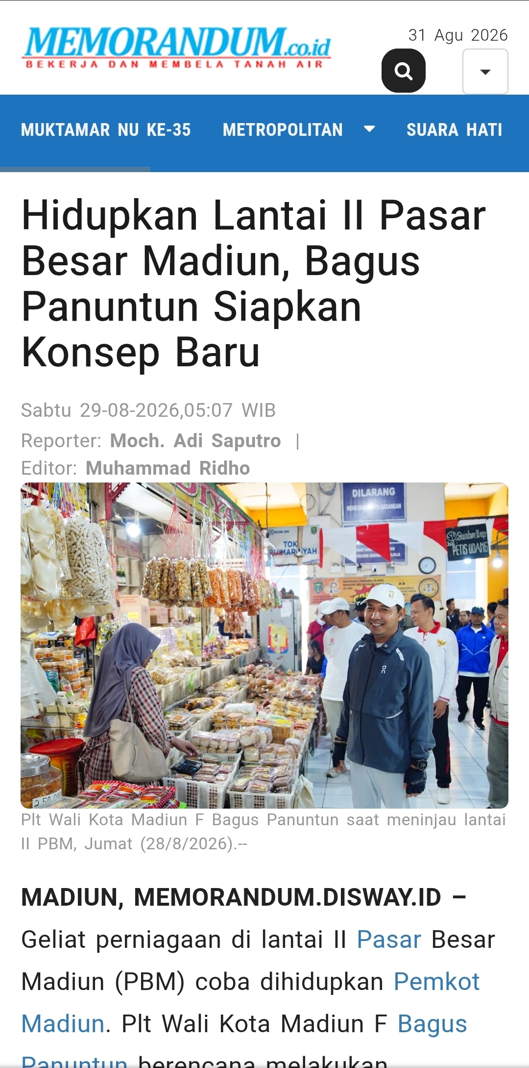 Hidupkan Lantai II Pasar Besar Madiun, Bagus Panuntun Siapkan Konsep Baru