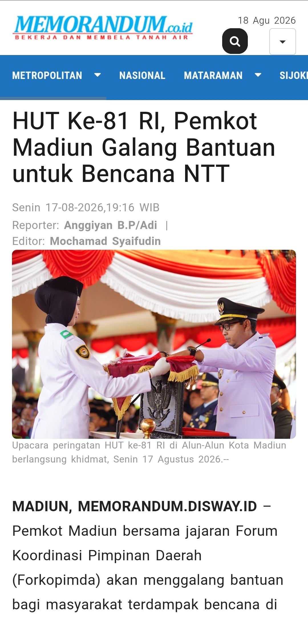HUT Ke-81 RI, Pemkot Madiun Galang Bantuan untuk Bencana NTT
