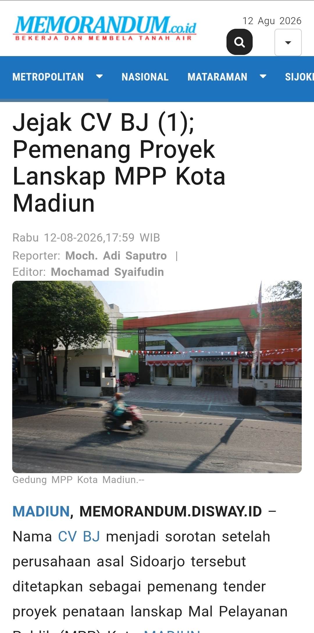 Jejak CV BJ (1); Pemenang Proyek Lanskap MPP Kota Madiun
