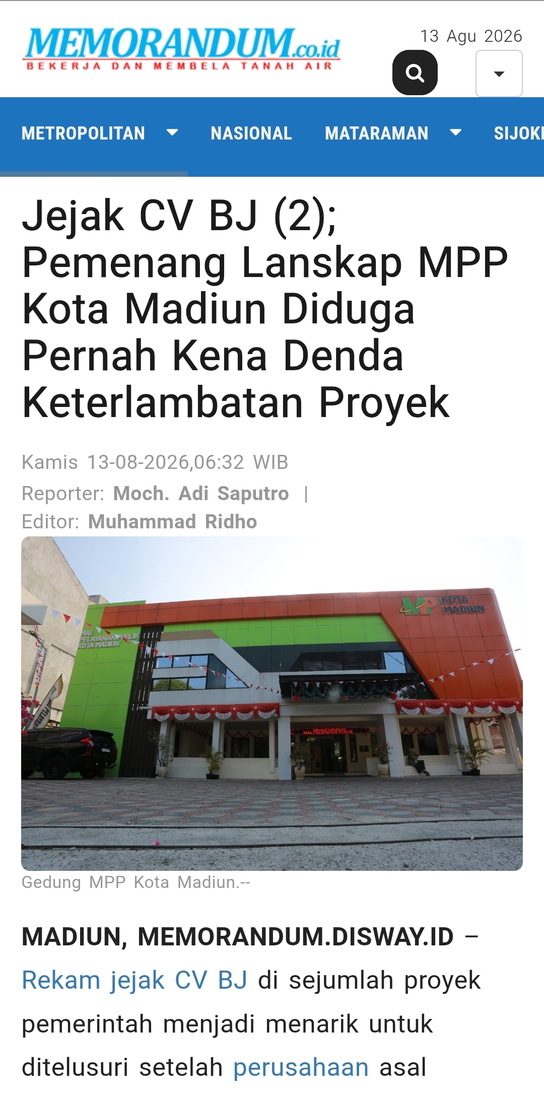 Jejak CV BJ (2); Pemenang Lanskap MPP Kota Madiun Diduga Pernah Kena Denda Keterlambatan Proyek