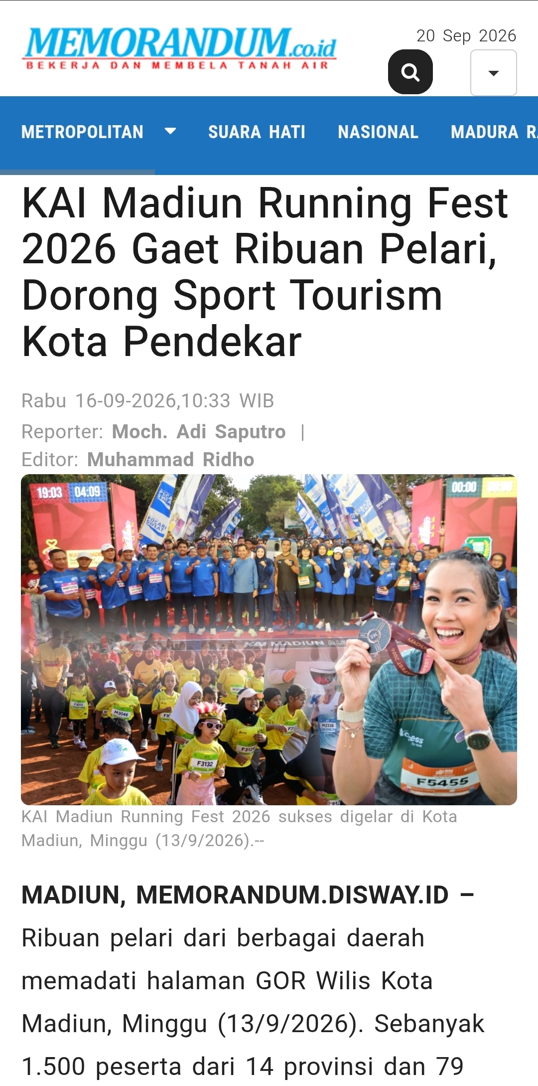 Dokumen KAI Madiun Running Fest 2026 Gaet Ribuan Pelari, Dorong Sport Tourism Kota Pendekar