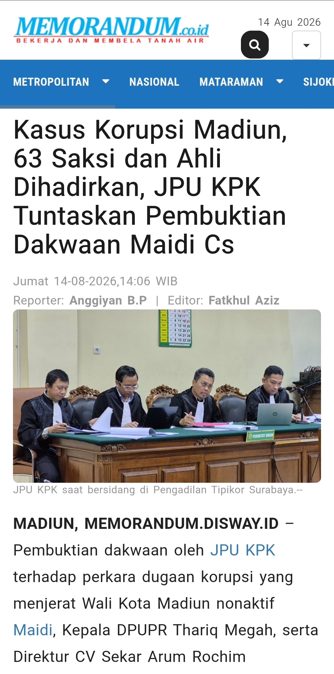 Kasus Korupsi Madiun, 63 Saksi dan Ahli Dihadirkan, JPU KPK Tuntaskan Pembuktian Dakwaan Maidi Cs