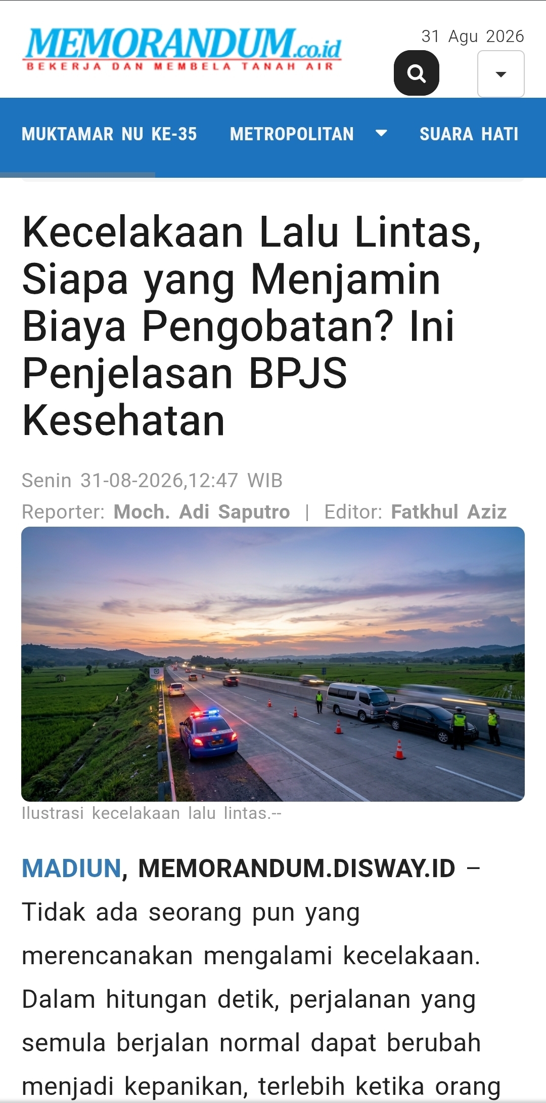 Dokumen Kecelakaan Lalu Lintas, Siapa yang Menjamin Biaya Pengobatan? Ini Penjelasan BPJS Kesehatan