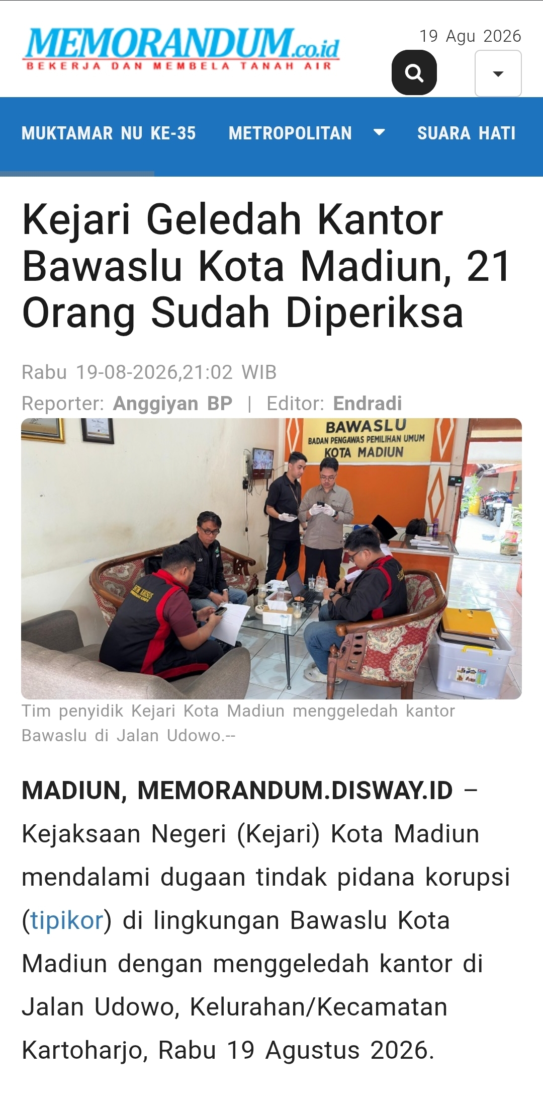 Kejari Geledah Kantor Bawaslu Kota Madiun, 21 Orang Sudah Diperiksa