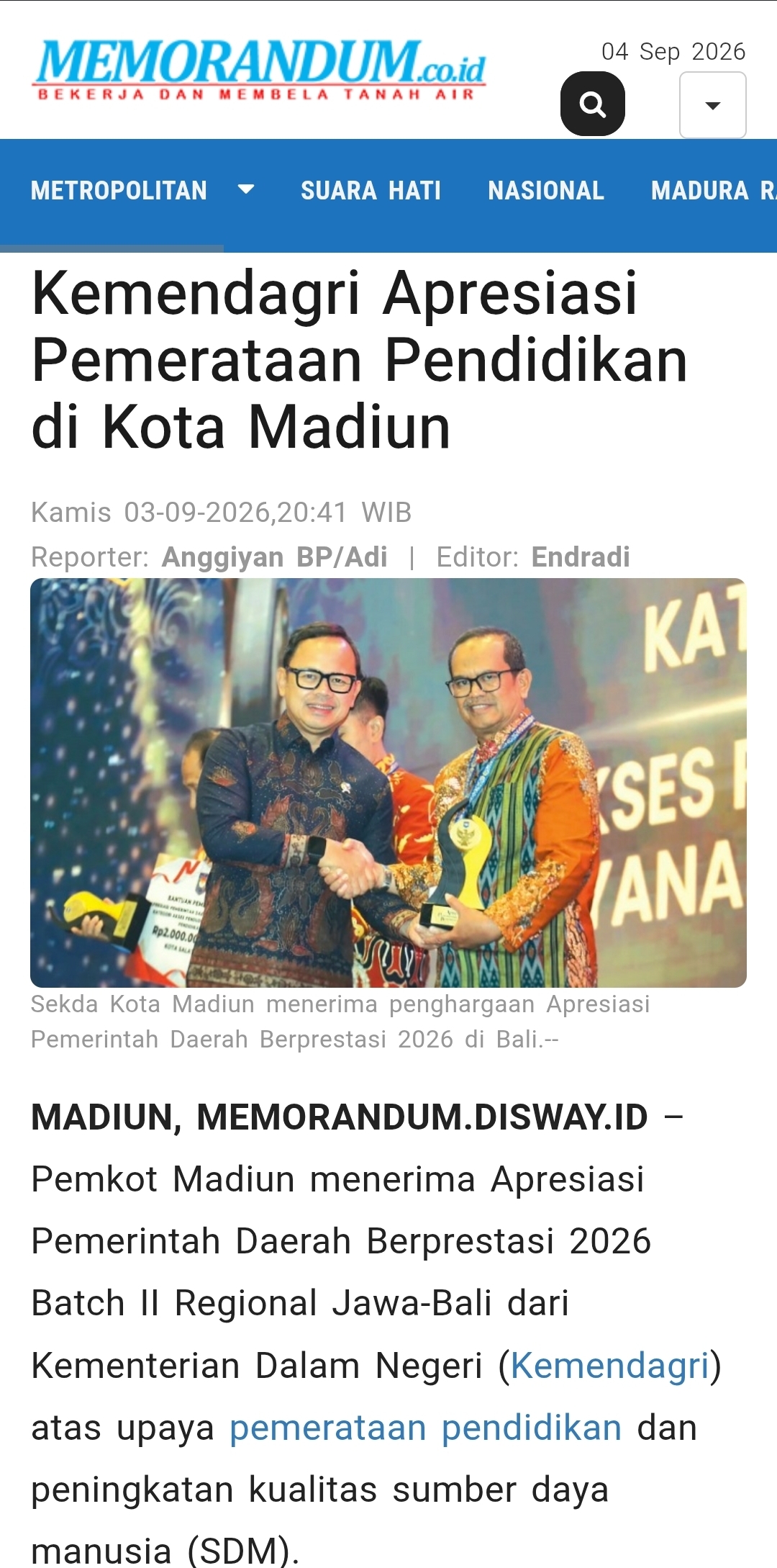 Dokumen Kemendagri Apresiasi Pemerataan Pendidikan di Kota Madiun