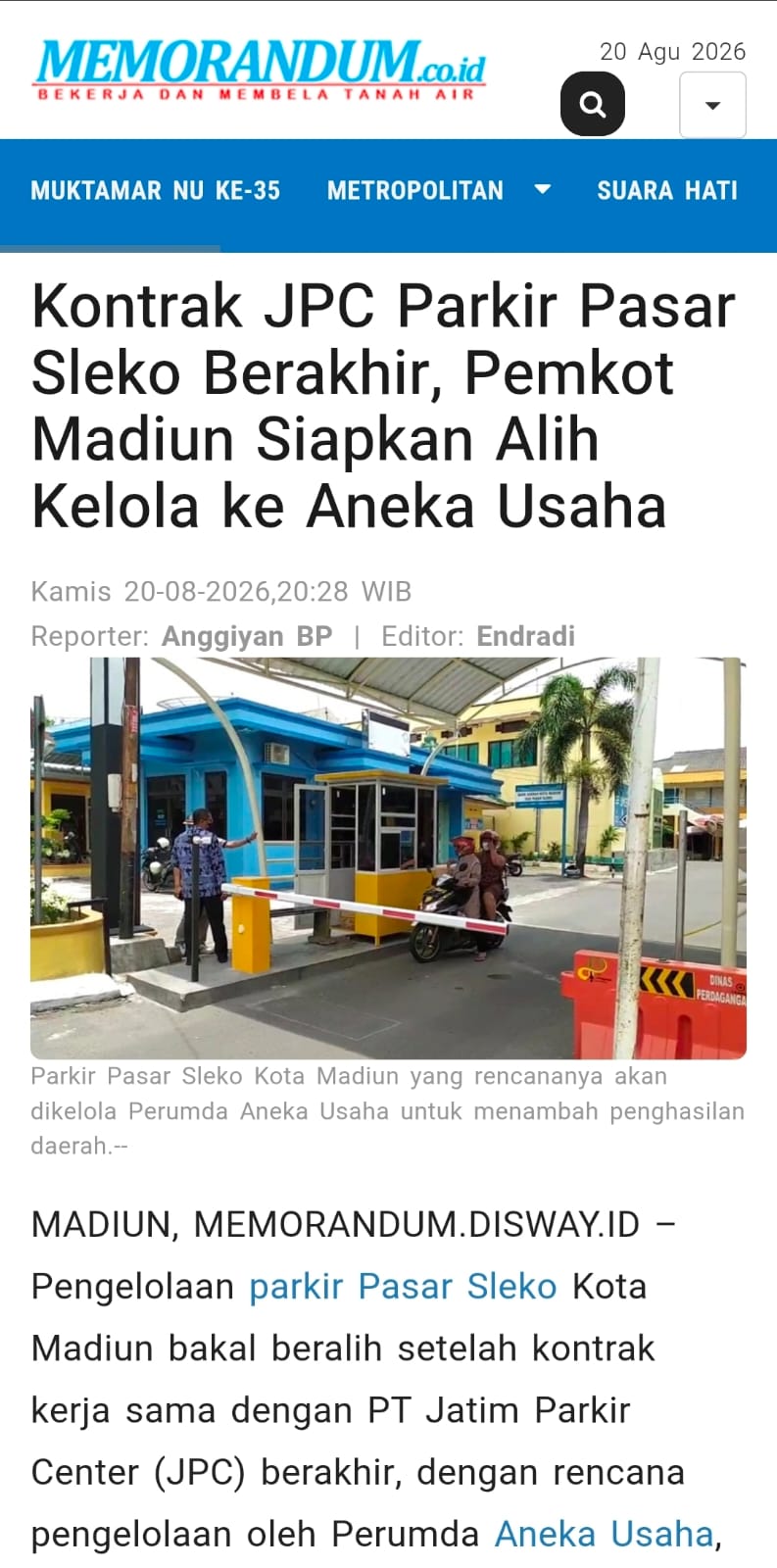 Dokumen Kontrak JPC Parkir Pasar Sleko Berakhir, Pemkot Madiun Siapkan Alih Kelola ke Aneka Usaha