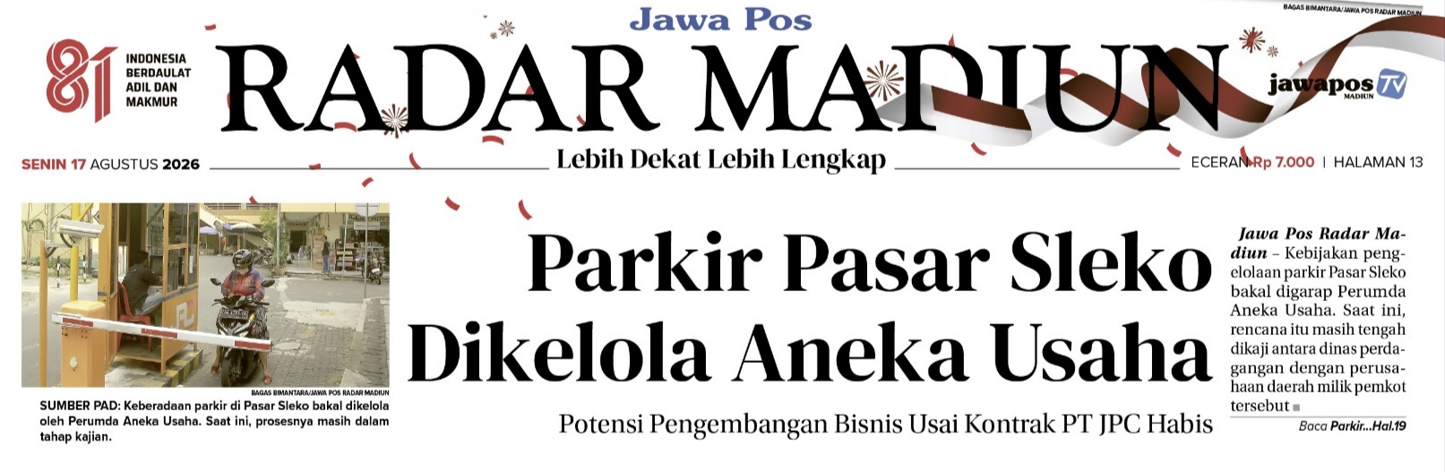 Dokumen Kontrak PT JPC Habis, Parkir Pasar Sleko Madiun Bakal Dikelola Perumda Aneka Usaha