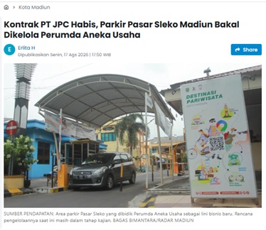 Kontrak PT JPC Habis, Parkir Pasar Sleko Madiun Bakal Dikelola Perumda Aneka Usaha