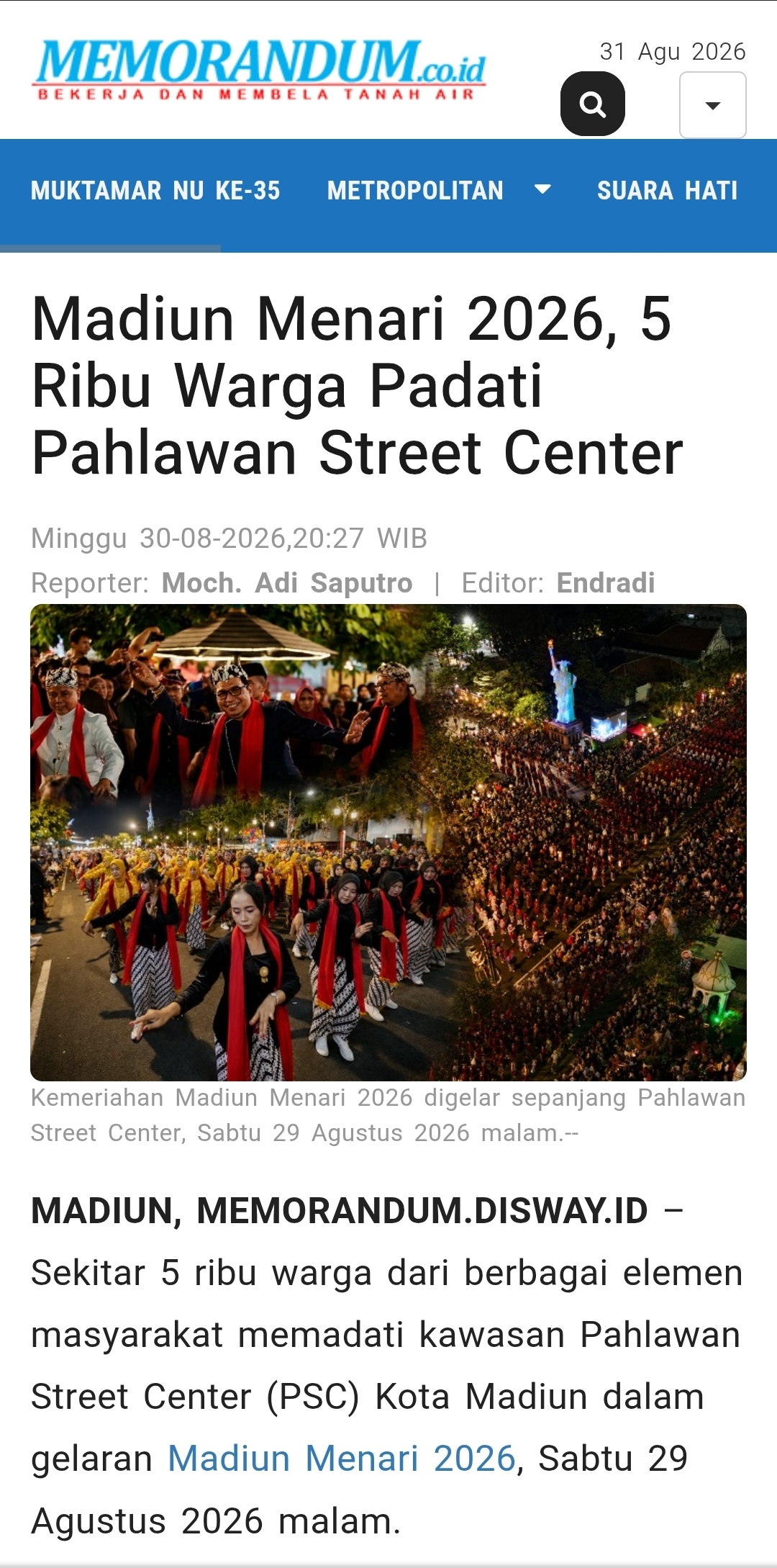 Dokumen Madiun Menari 2026, 5 Ribu Warga Padati Pahlawan Street Center
