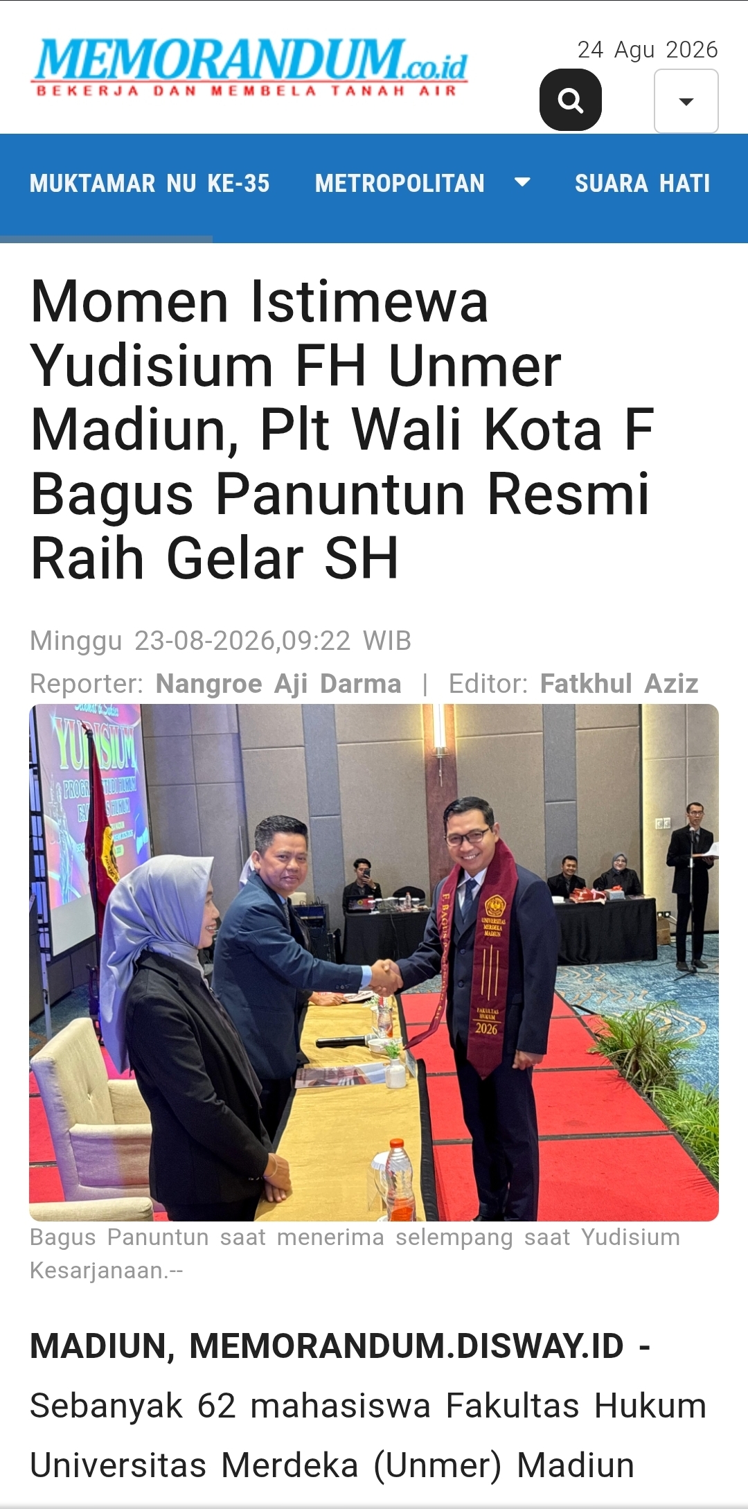 Momen Istimewa Yudisium FH Unmer Madiun, Plt Wali Kota F Bagus Panuntun Resmi Raih Gelar SH