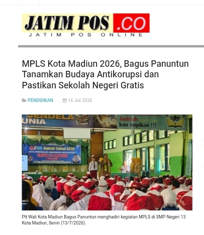 Dokumen MPLS Kota Madiun 2026, Bagus Panuntun Tanamkan Budaya Antikorupsi dan Pastikan Sekolah Negeri Gratis