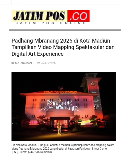 Dokumen Padhang Mbranang 2026 di Kota Madiun Tampilkan Video Mapping Spektakuler dan Digital Art Experience
