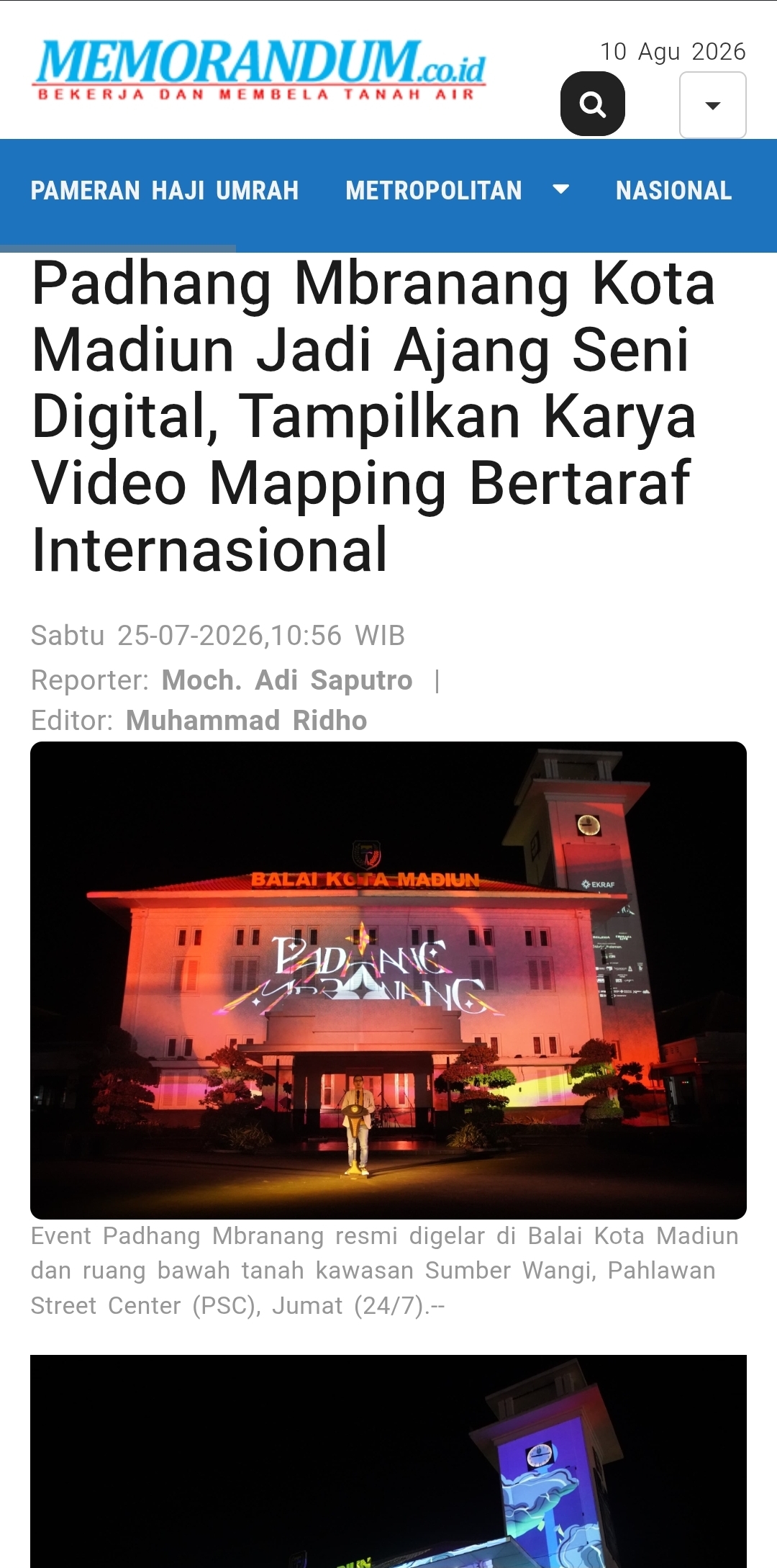 Padhang Mbranang Kota Madiun Jadi Ajang Seni Digital, Tampilkan Karya Video Mapping Bertaraf Internasional