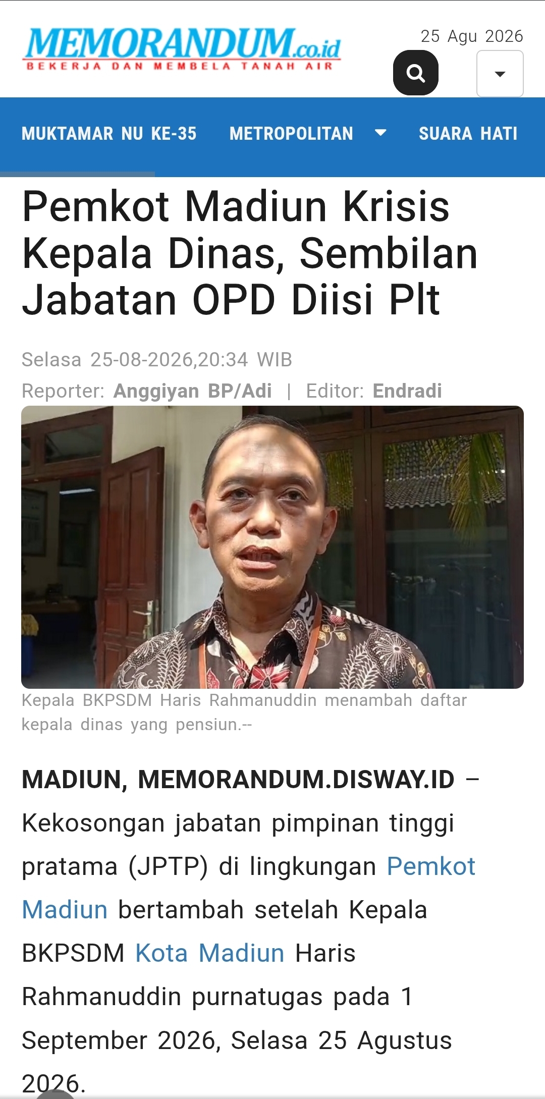 Dokumen Pemkot Madiun Krisis Kepala Dinas, Sembilan Jabatan OPD Diisi Plt