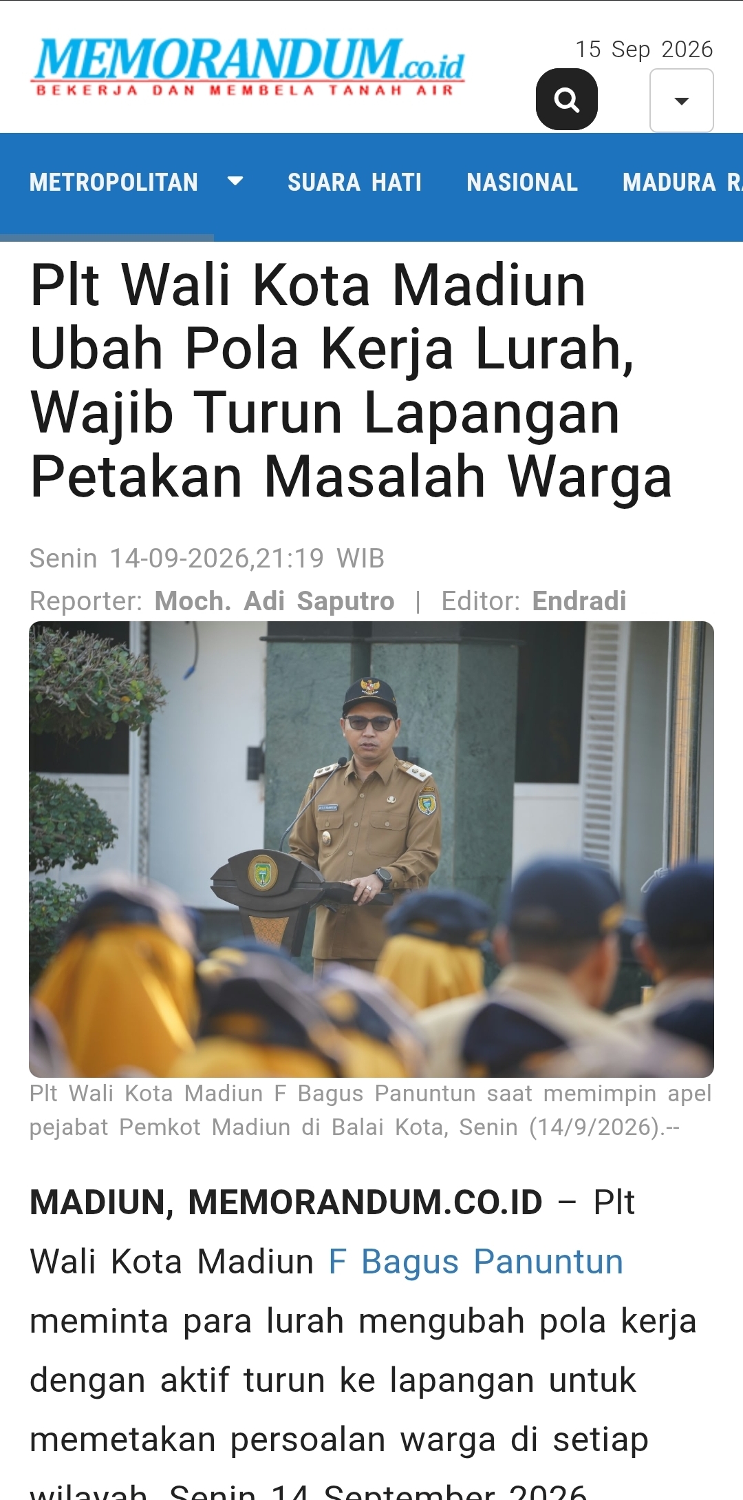 Plt Wali Kota Madiun Ubah Pola Kerja Lurah, Wajib Turun Lapangan Petakan Masalah Warga