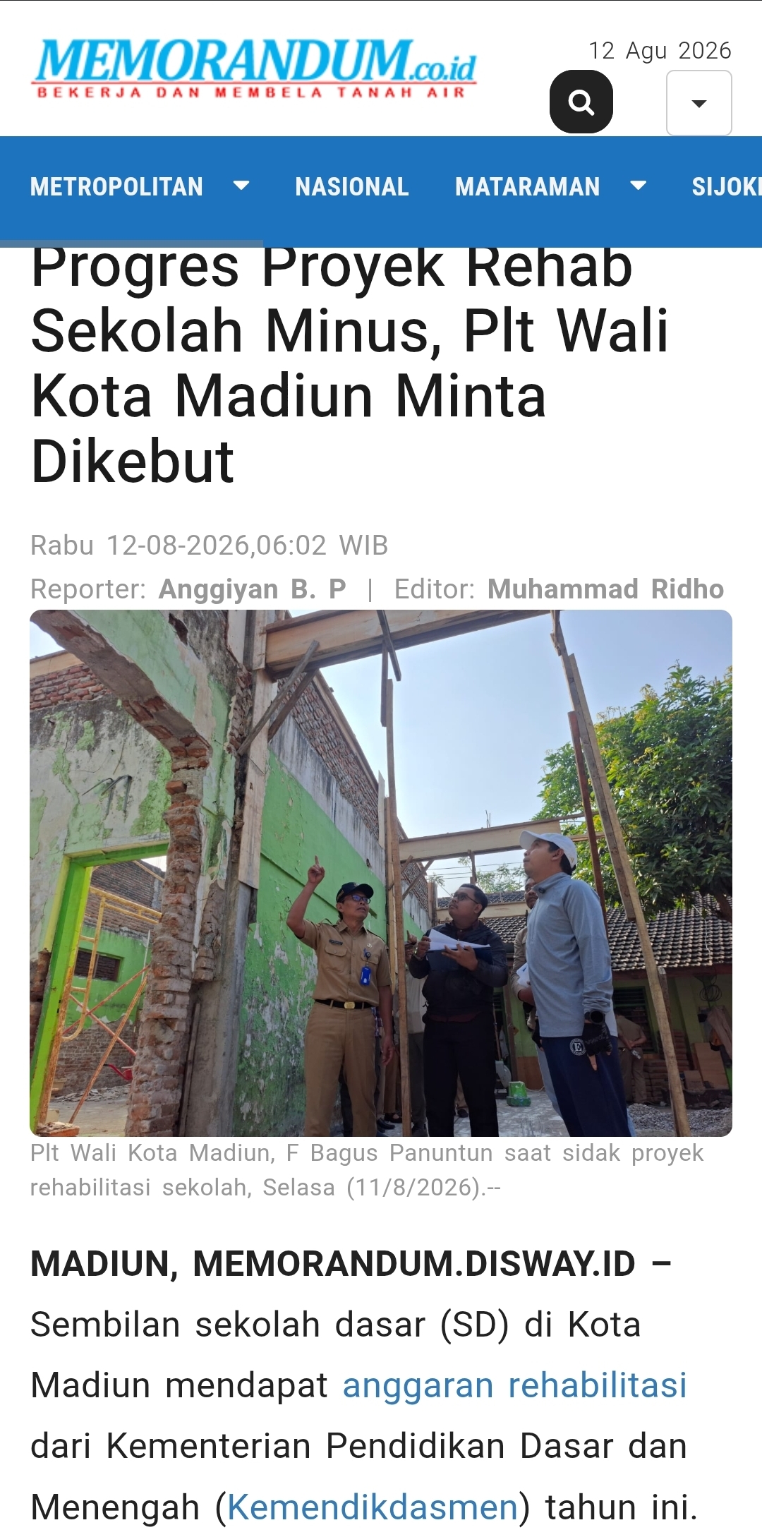 Dokumen Progres Proyek Rehab Sekolah Minus, Plt Wali Kota Madiun Minta Dikebut