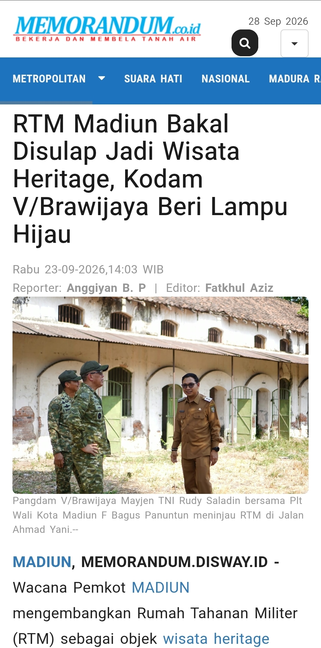 Dokumen RTM Madiun Bakal Disulap Jadi Wisata Heritage, Kodam V/Brawijaya Beri Lampu Hijau