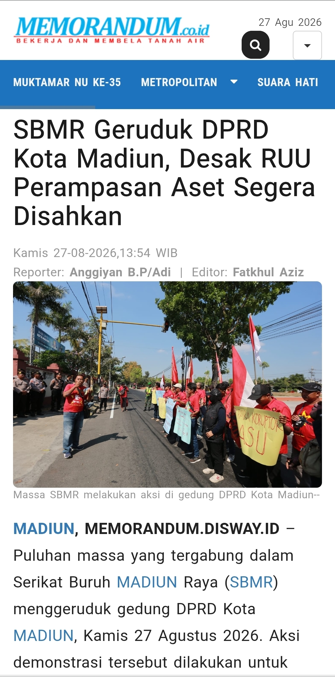 Dokumen SBMR Geruduk DPRD Kota Madiun, Desak RUU Perampasan Aset Segera Disahkan