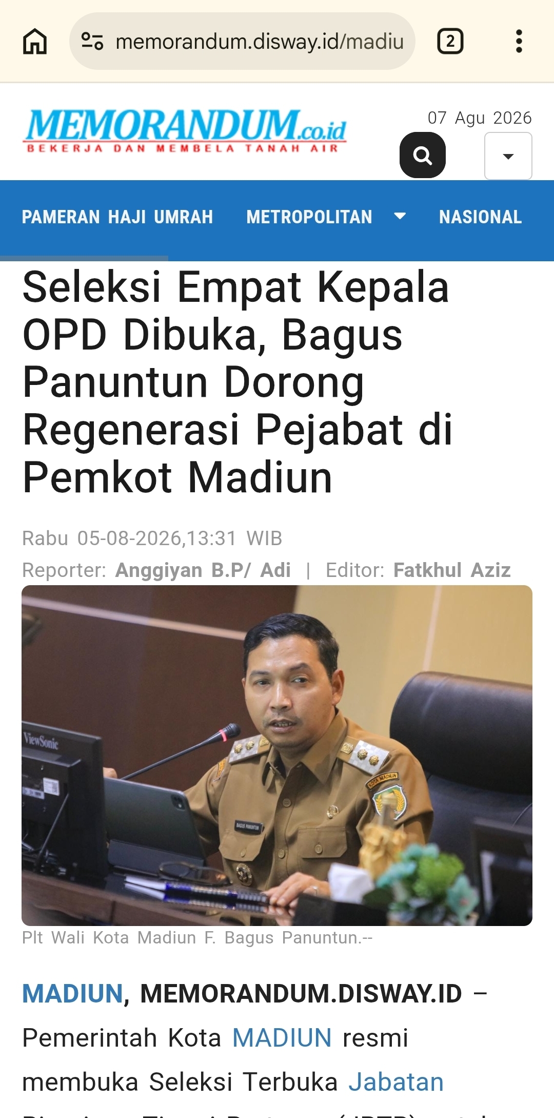 Seleksi Empat Kepala OPD Dibuka, Bagus Panuntun Dorong Regenerasi Pejabat di Pemkot Madiun