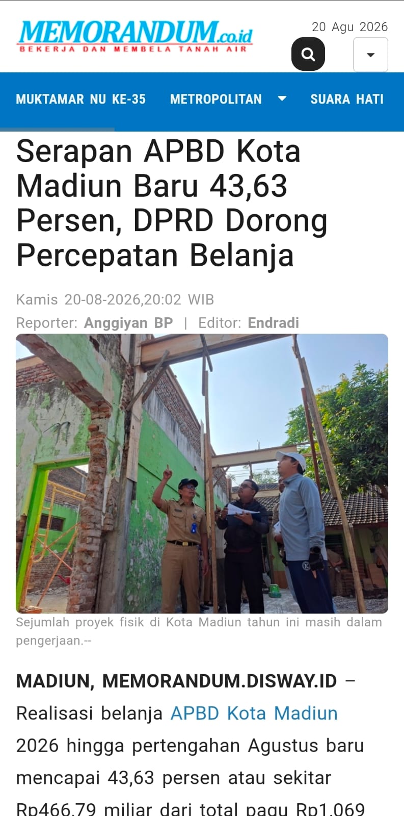 Serapan APBD Kota Madiun Baru 43,63 Persen, DPRD Dorong Percepatan Belanja