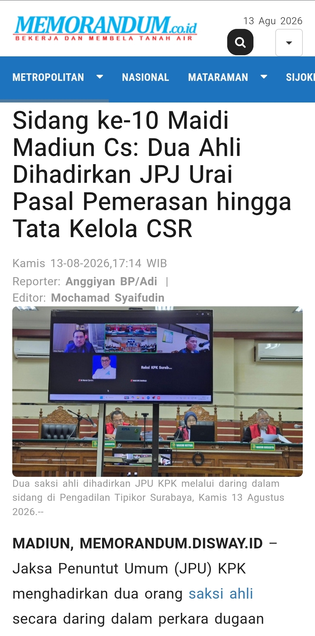 Sidang ke-10 Maidi Madiun Cs: Dua Ahli Dihadirkan JPJ Urai Pasal Pemerasan hingga Tata Kelola CSR