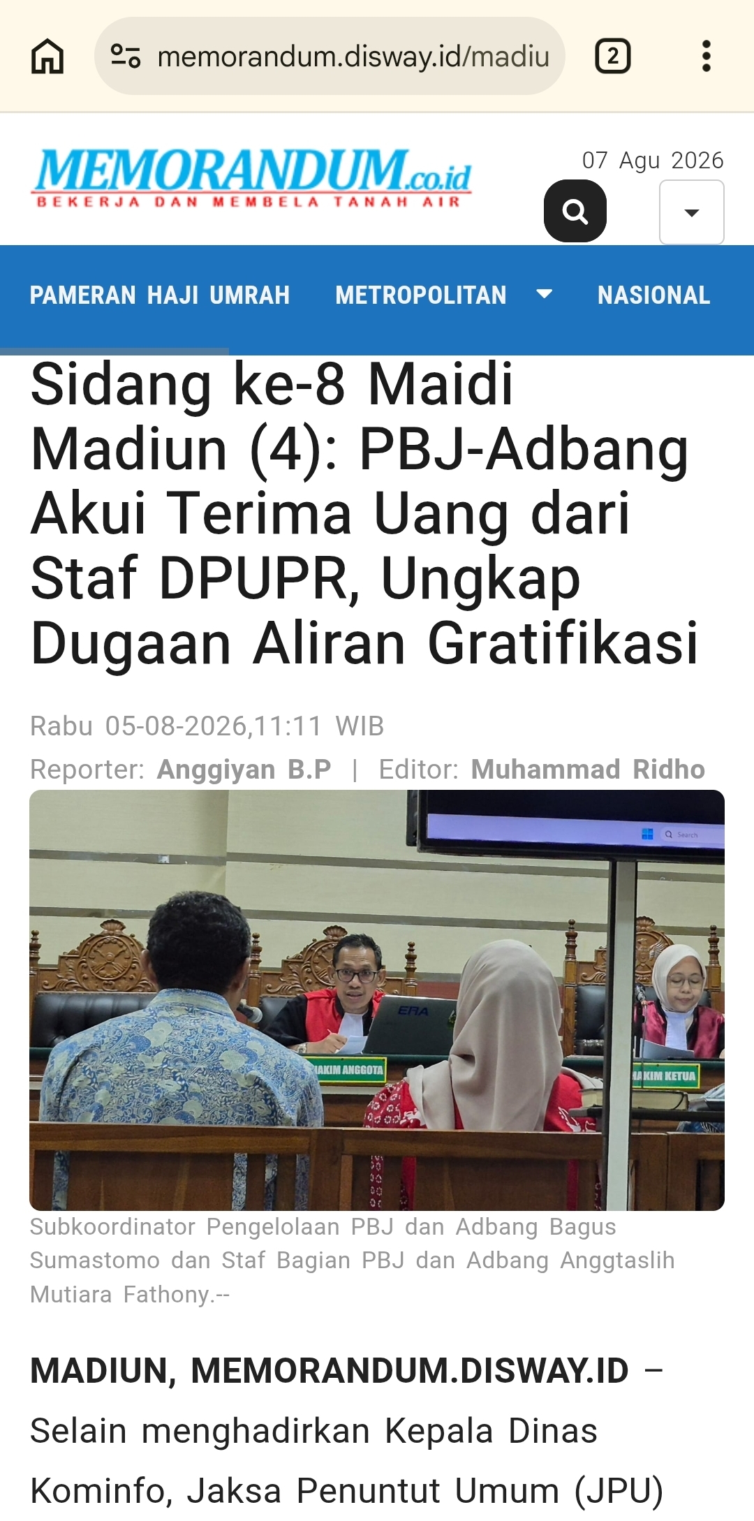Sidang ke-8 Maidi Madiun (4): PBJ-Adbang Akui Terima Uang dari Staf DPUPR, Ungkap Dugaan Aliran Gratifikasi