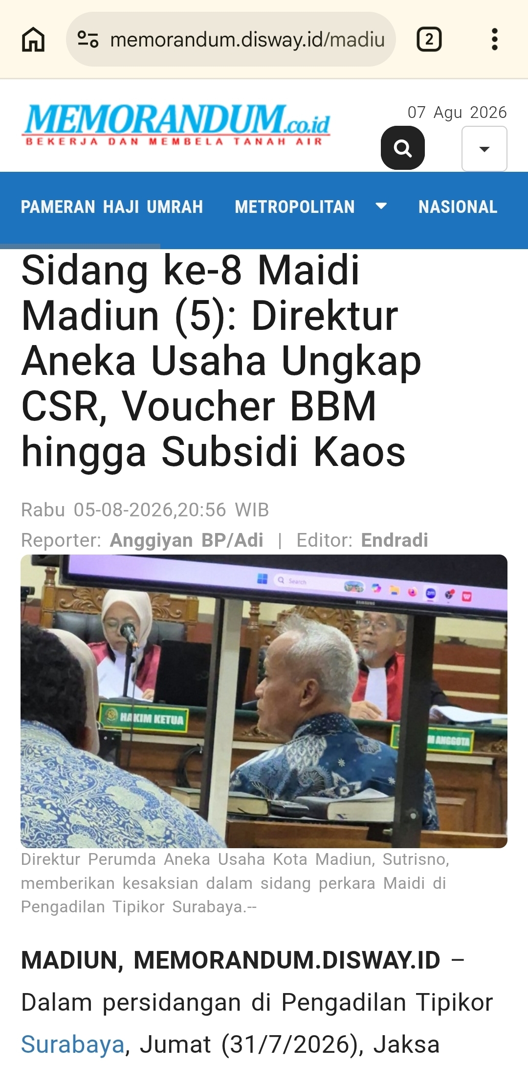 Sidang ke-8 Maidi Madiun (5): Direktur Aneka Usaha Ungkap CSR, Voucher BBM hingga Subsidi Kaos