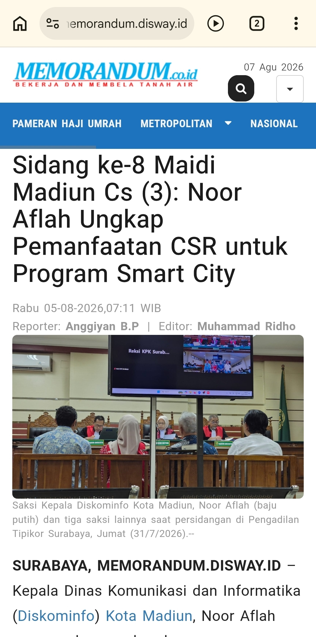 Dokumen Sidang ke-8 Maidi Madiun Cs (3): Noor Aflah Ungkap Pemanfaatan CSR untuk Program Smart City