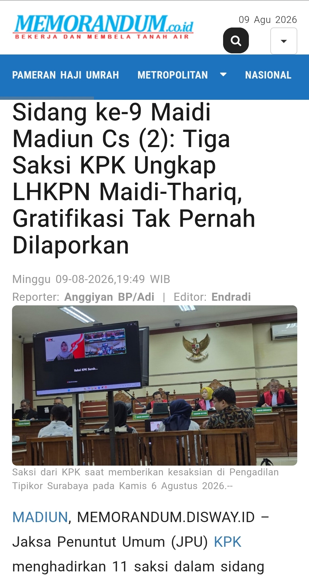 Dokumen Sidang ke-9 Maidi Madiun Cs (2): Tiga Saksi KPK Ungkap LHKPN Maidi-Thariq, Gratifikasi Tak Pernah Dilaporkan